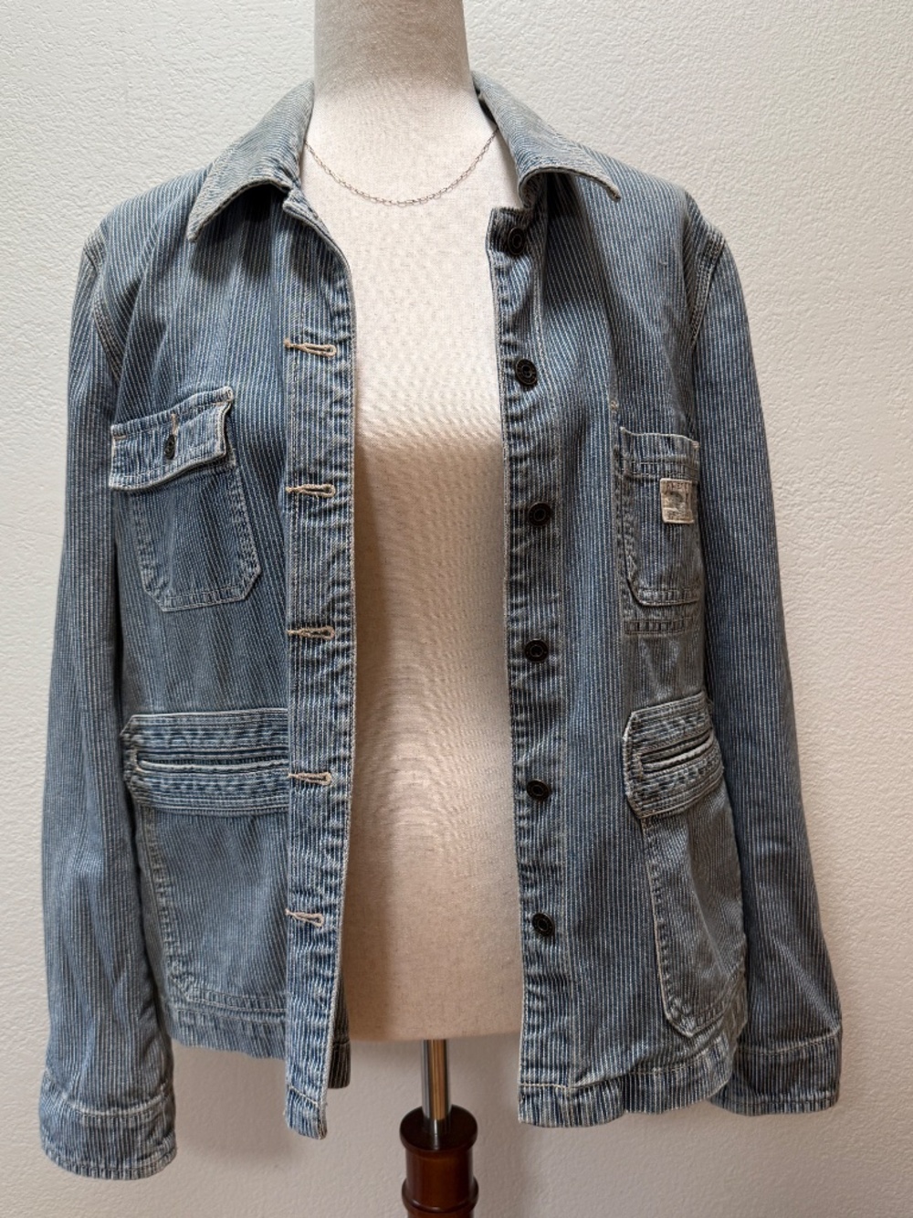 American Living Hickory Stripe Denim Chore Jacket Blue White Workwear Women XL - Picture 11 of 11